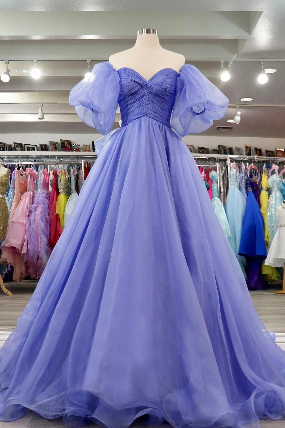 Lavender Tulle A-line Off-Shoulder Puff Sleeves Pleated Long Prom Dress fg3408