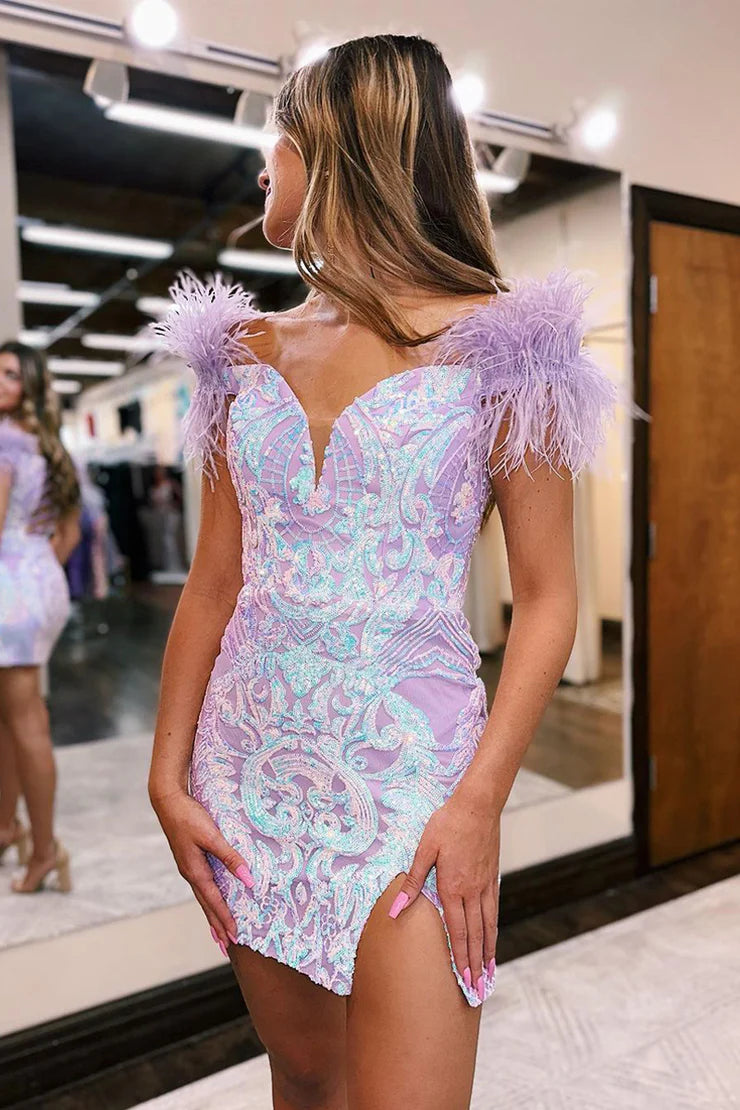 Cute Bodycon Off the Shoulder Lavender Sequins Short Homecoming Dresses with Feather fg3600
