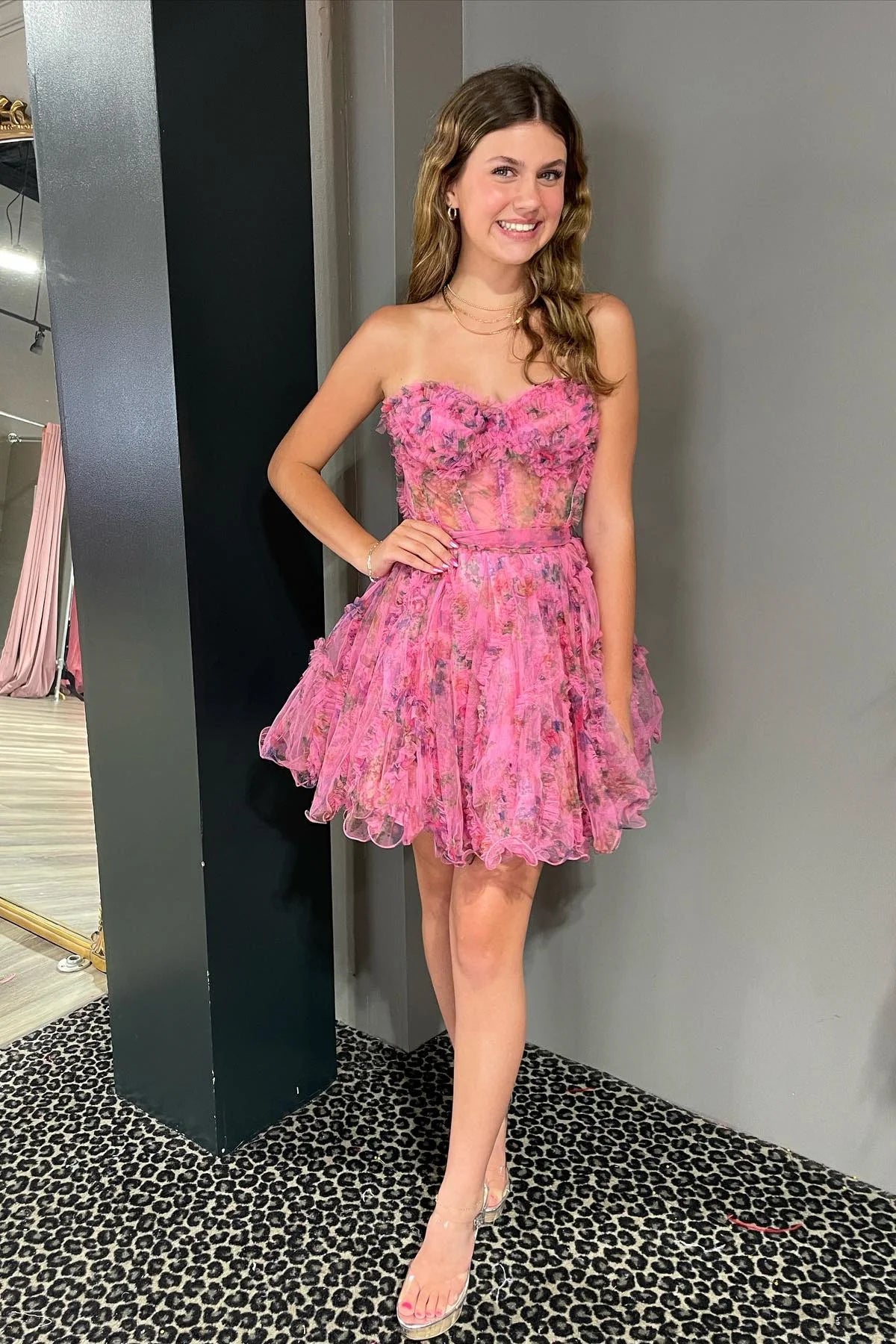 Hot Pink Strapless Ruffles A-line Homecoming Dress fg3589