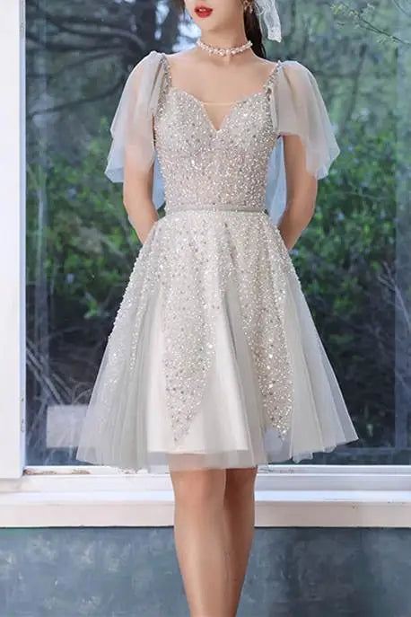 A-line Short Silver Homecoming Dress with Flutter Sleeves fg3735