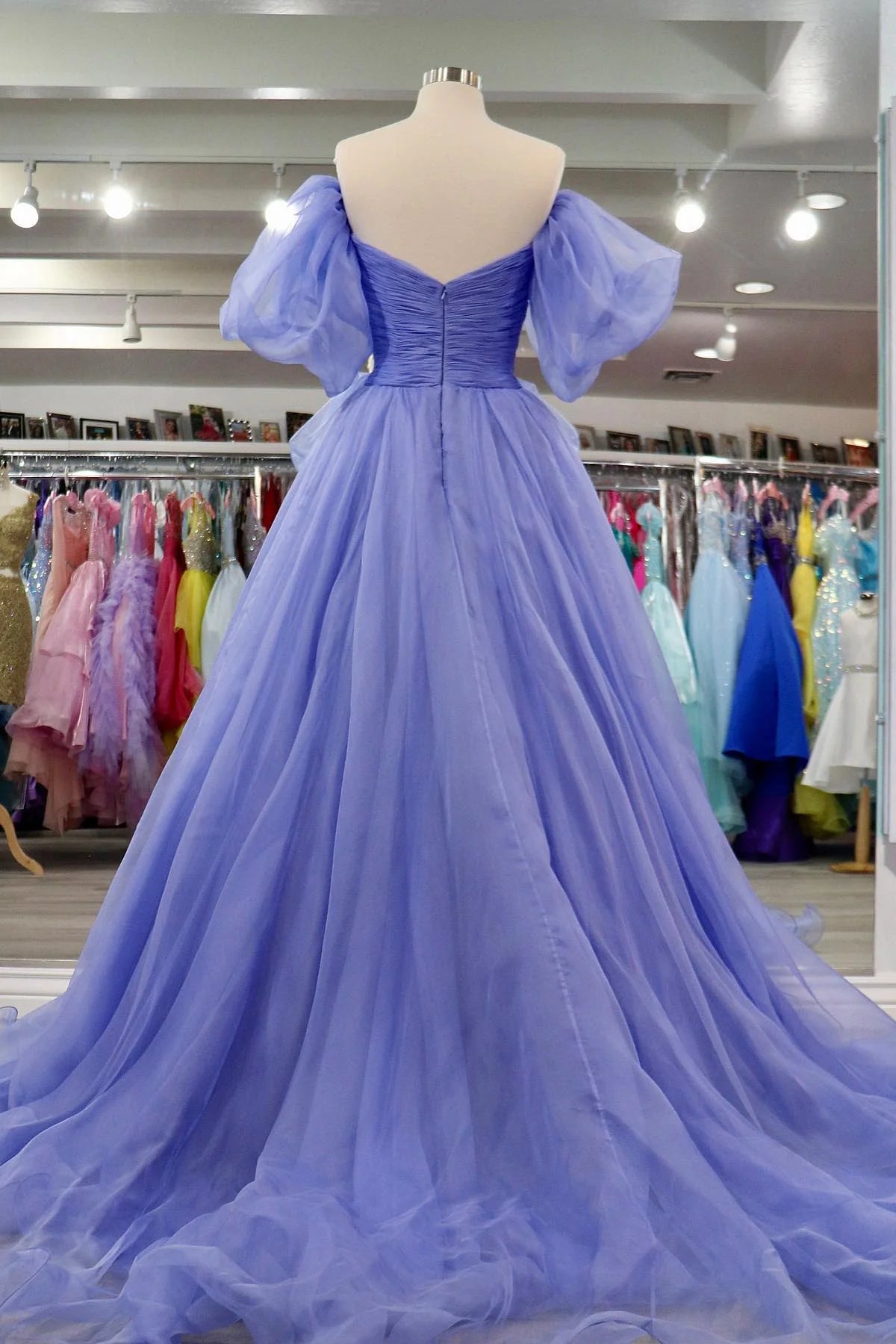 Lavender Tulle A-line Off-Shoulder Puff Sleeves Pleated Long Prom Dress fg3408