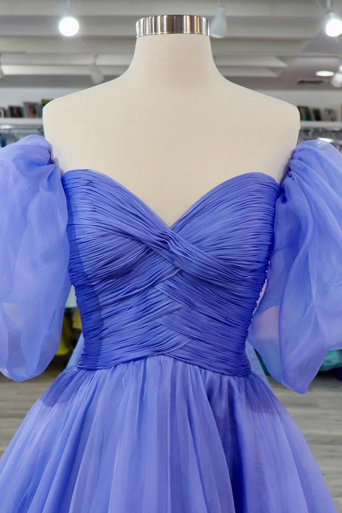 Lavender Tulle A-line Off-Shoulder Puff Sleeves Pleated Long Prom Dress fg3408