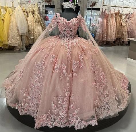 Pink Ball Gown Quinceanera Dresses with Cape 15 Party 3D Flower Princess Dresses with Lace fg4104