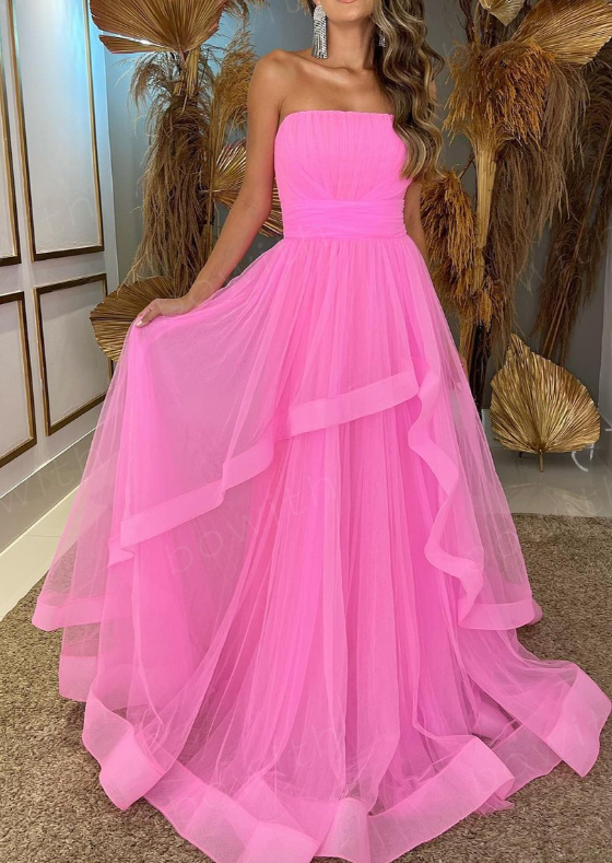 Tulle Layers Long Evening Dresses Strapless Maxi Prom Gown Floor Length Party Gowns fg3898