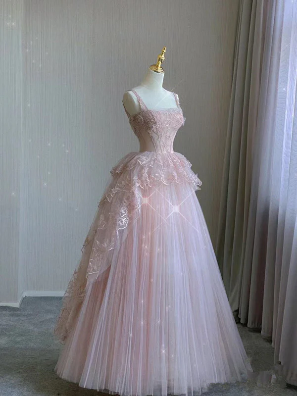 Modest Ball Gown Straps Pink Tulle Prom Dresses 22th Birthday Outfit fg5439