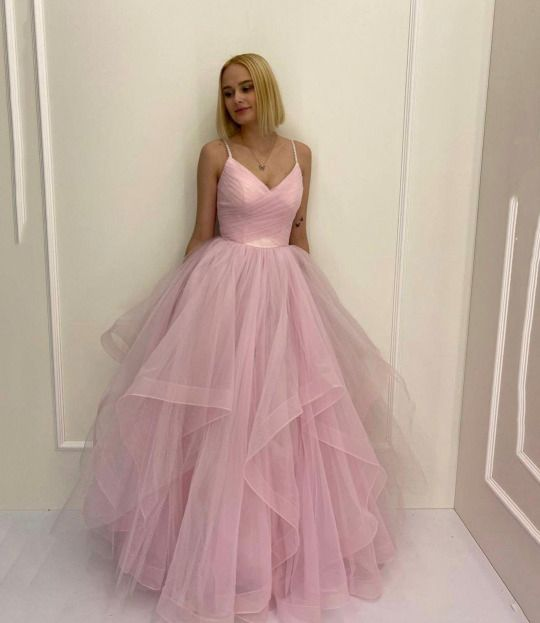 A Line V Neck Pink Tulle Long Prom Dresses, A Line V Neck Pink Tulle Long Formal Evening Dresses fg4139