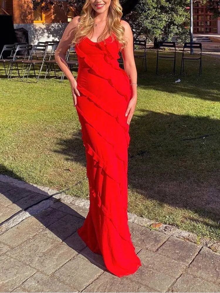 Red Ruffles Long Formal Dress Elegant Evening Dress fg1806