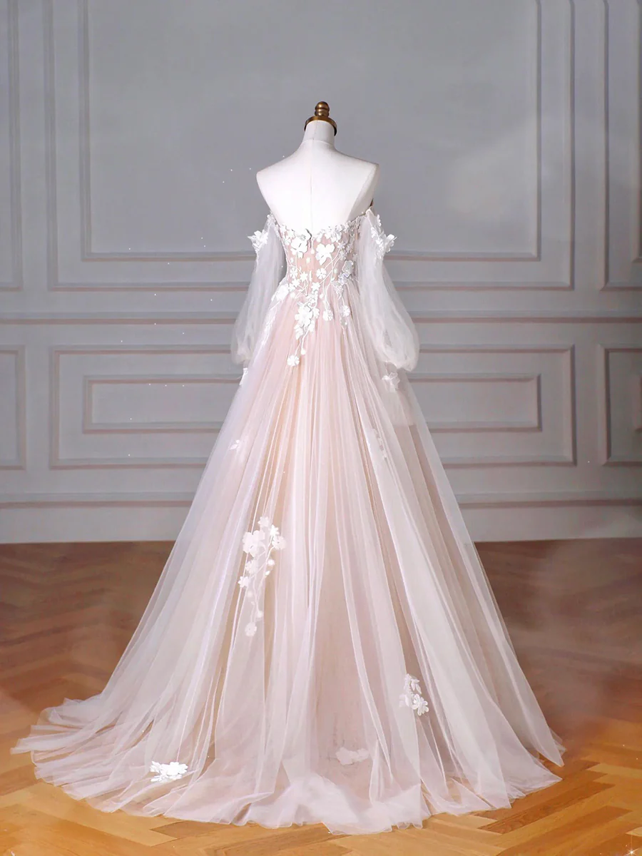 Champagne Tulle Lace Sweetheart Neck Long Formal Dress, A-Line Puff Sleeves Party Dress fg5434