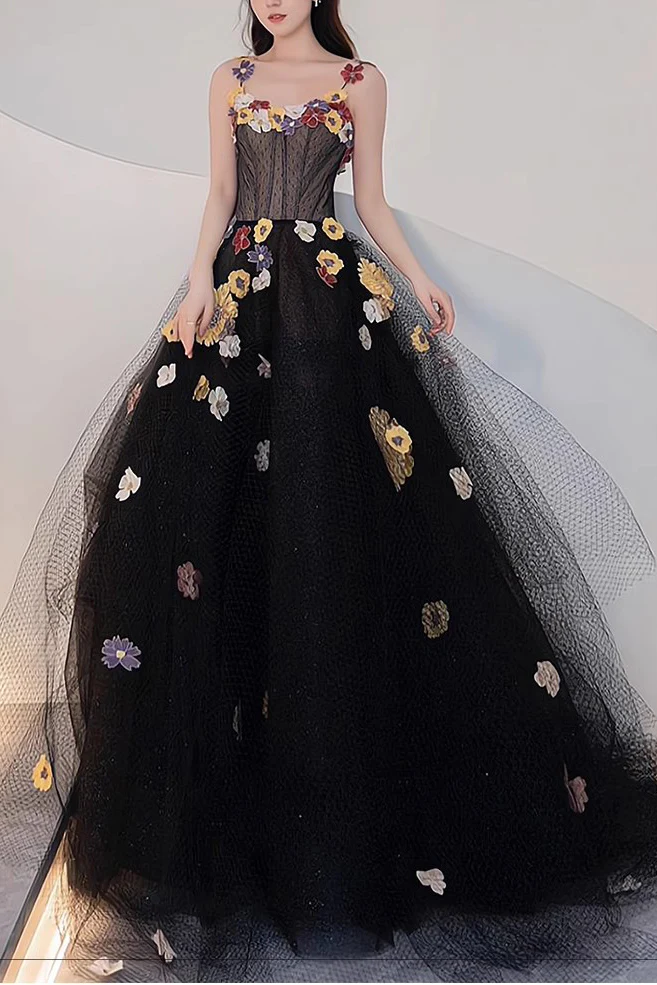 A Line Black Tulle Prom Dress With Flowers Puffy Quinceanera Dresses fg3963