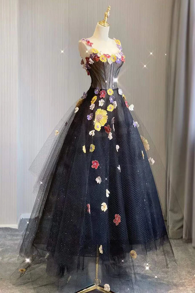 A Line Black Tulle Prom Dress With Flowers Puffy Quinceanera Dresses fg3963