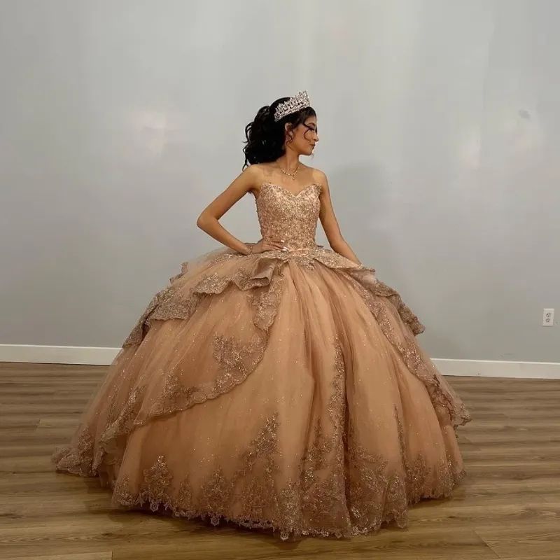 Champagne Shiny Off The Shoulder Ball Gown Quinceanera Dress Appliques Lace Beaded Birthday Party Gowns Sweet 16 vestidos fg5679