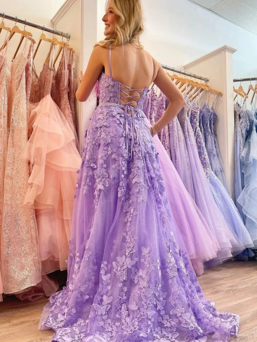 A-line Lace-up Applique Spaghetti Straps Prom Dresses fg3917