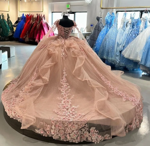 Pink Ball Gown Quinceanera Dresses with Cape 15 Party 3D Flower Princess Dresses with Lace fg4104