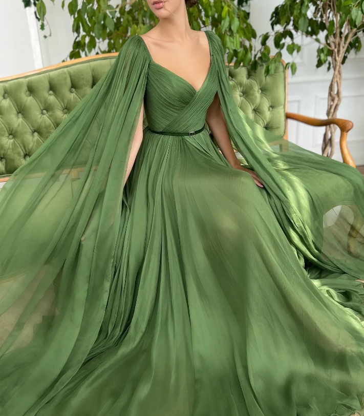 Green V-neck chiffon long prom dress A-line evening dress fg260