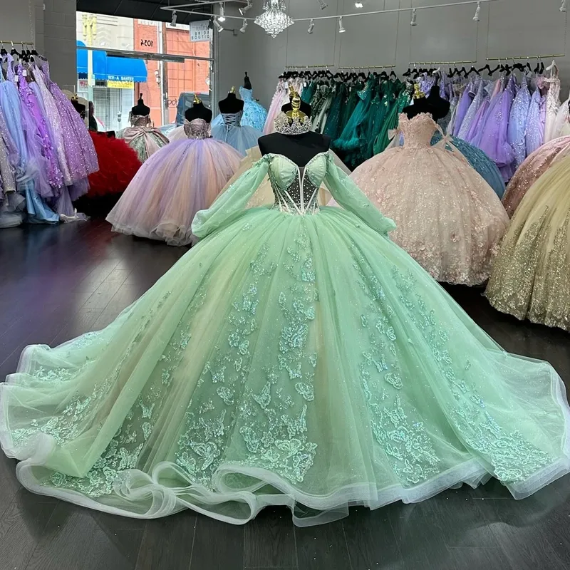 Green Off The Shoulder Ball Gown Quinceanera Dress Tull Princess Vestidos De 15 Anos Birthday Party Sweet 16 Dress fg5470