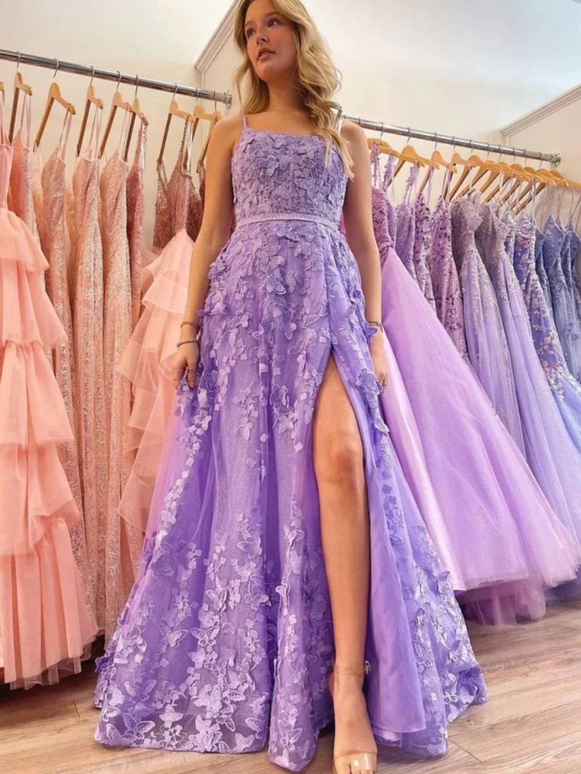 A-line Lace-up Applique Spaghetti Straps Prom Dresses fg3917