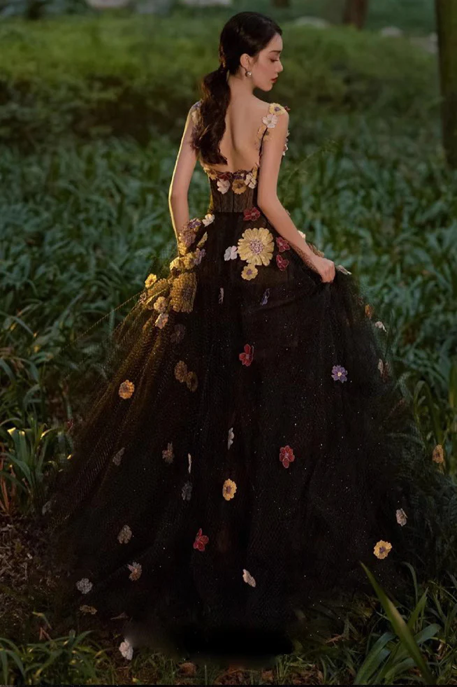 A Line Black Tulle Prom Dress With Flowers Puffy Quinceanera Dresses fg3963