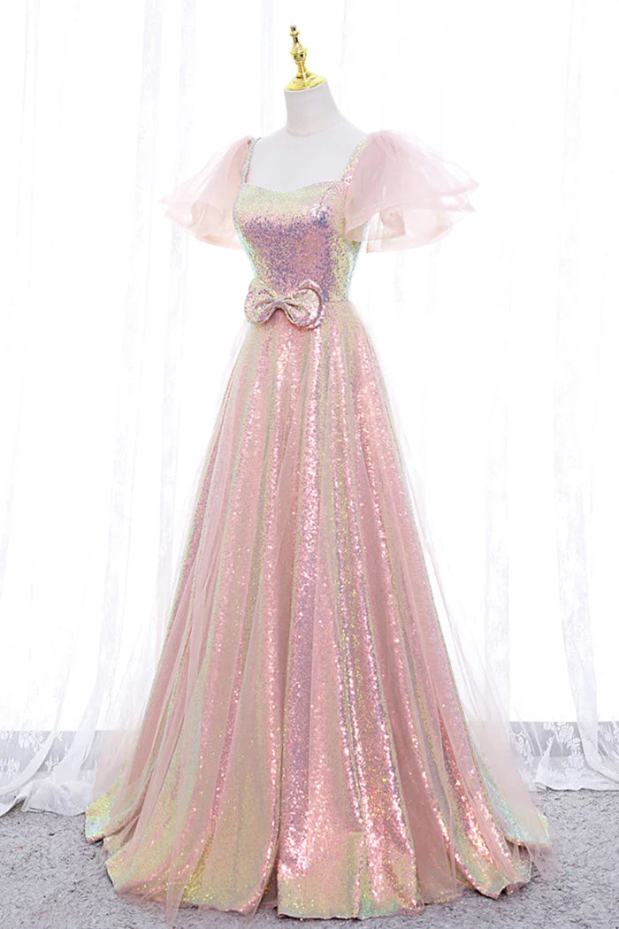 Pink Tulle Sequins Long Prom Dress, Cute Short Sleeve Evening Dress fg4122