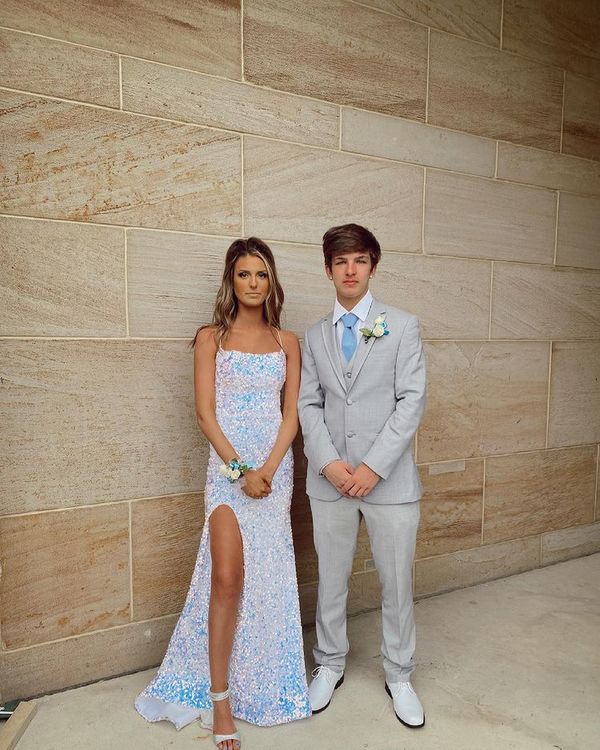 Sparkly Mermaid Scoop Neck White Sequins Long Prom Dresses with Slit fg3182