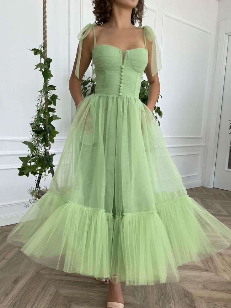 Simple Green Tulle Tea Length Prom Dress, Green Evening Dress fg2656