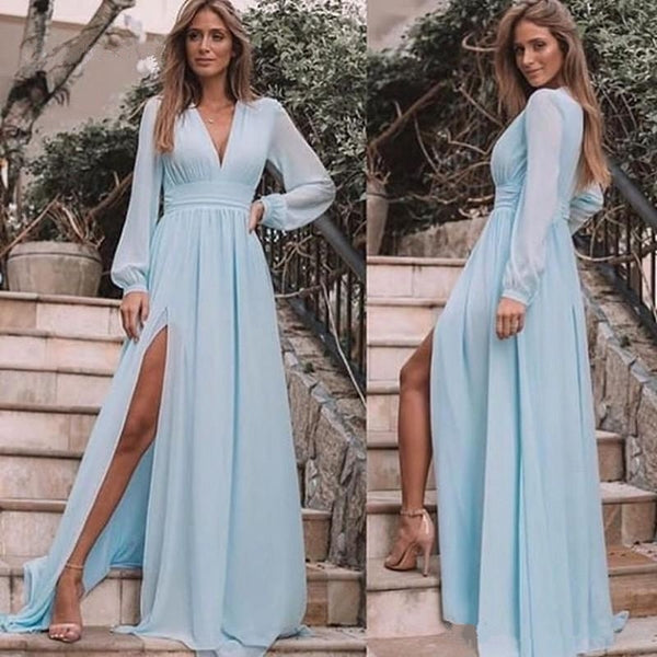 A-Line Chiffon Long Sleeves V-Neck Formal Evening Dresses Party Gowns fg2677