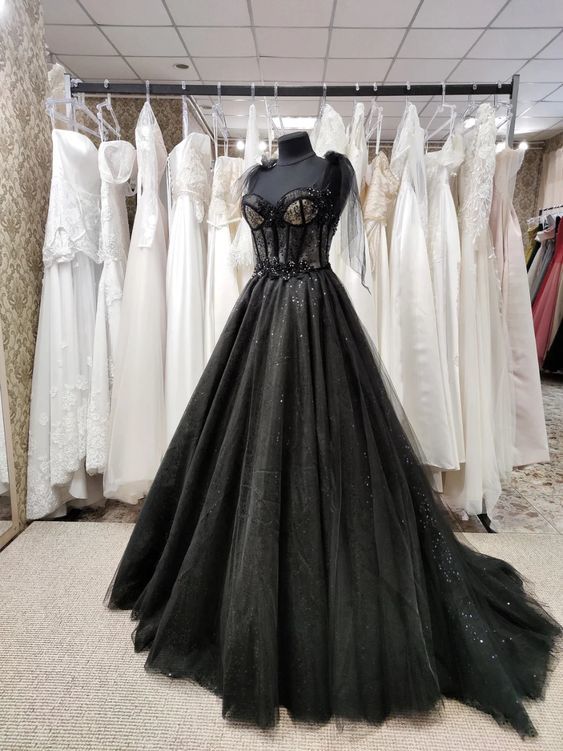 Black Wedding Dresses with Beaded Lace Appliques fg2666