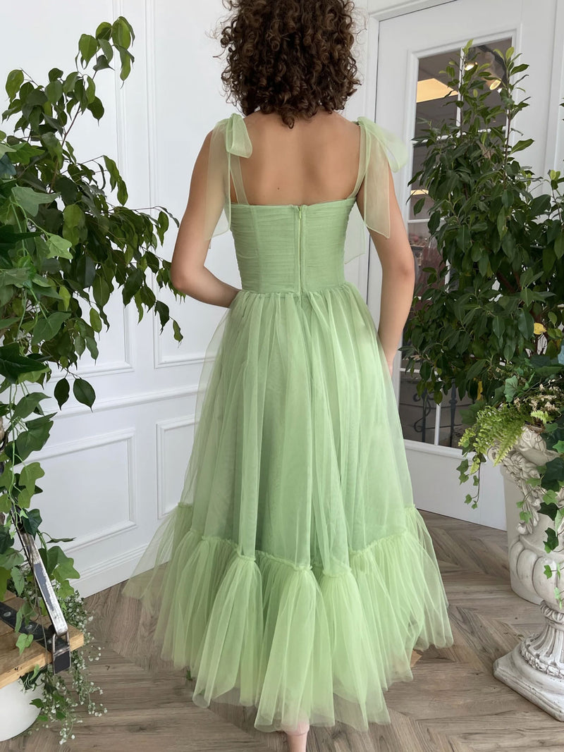 Simple Green Tulle Tea Length Prom Dress, Green Evening Dress fg2656