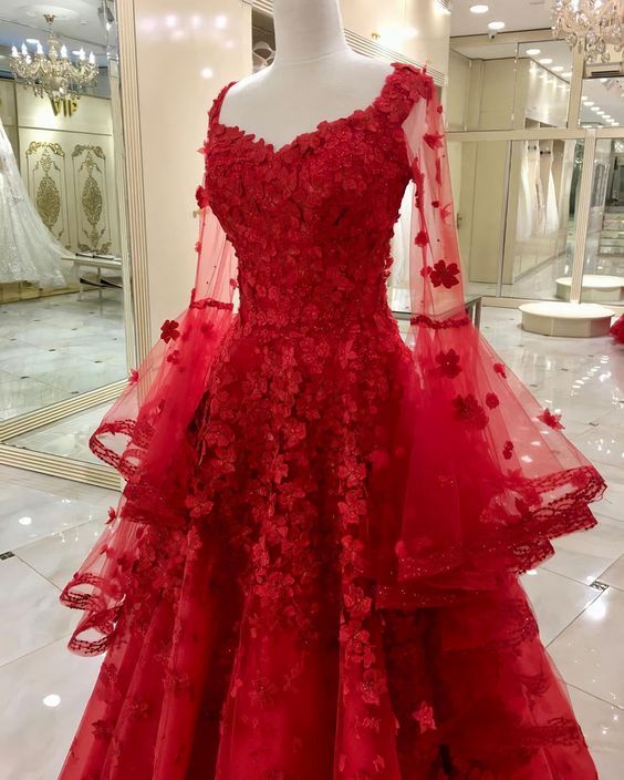 Red Long Lace Tulle Prom Dresses, Long Wedding Dresses fg2667