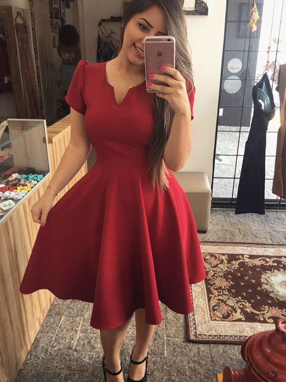 Cute Short V Neck Cap Sleeves Burgundy Satin Homecoming Dresses fg1903