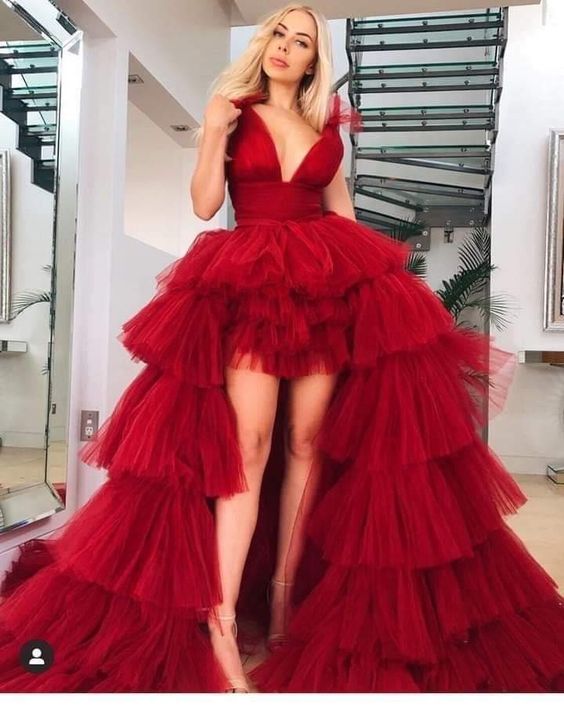 Red tulle high low prom dress fg1826