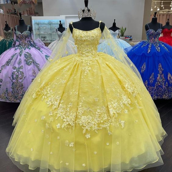 Puffy Quinceanera Dress Sweet 16 Dress With Detachable Cowl Cape Long Ball Gown Yellow Prom Gown fg2092