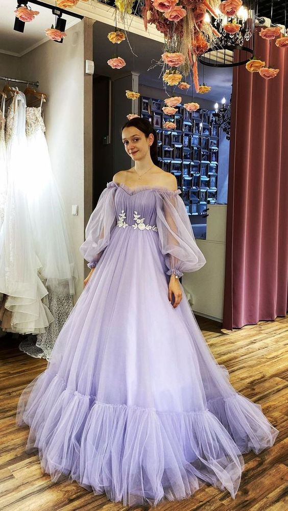 Amazing Off-the-shoulder Long Sleeves Beaded Appliqued Slit Tulle Prom Dresses fg1302