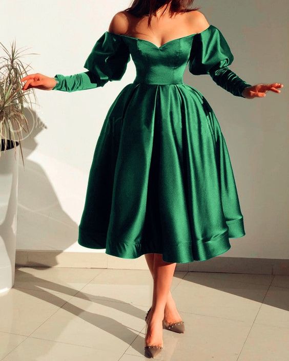 Tea Length Satin Dresses Off Shoulder Long Sleeves Homecoming Dress fg1874