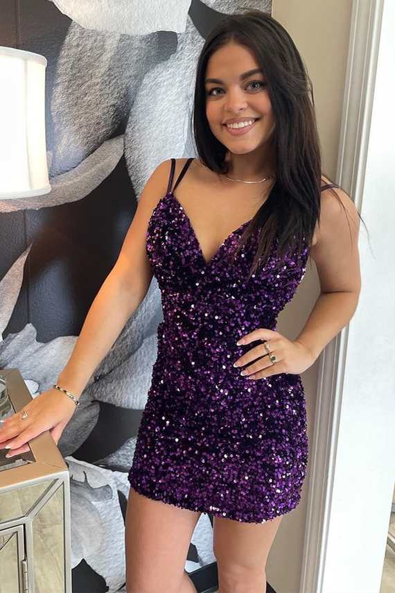 Purple Sequin V-Neck Backless Cocktail Dress fg1757