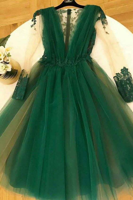 long sleeves dark green homecoming dress tulle short prom party dress fg1446