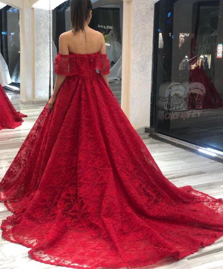 Off The Shoulder Lace Long Prom Dresses Chapel Train Party Dresses fg1653