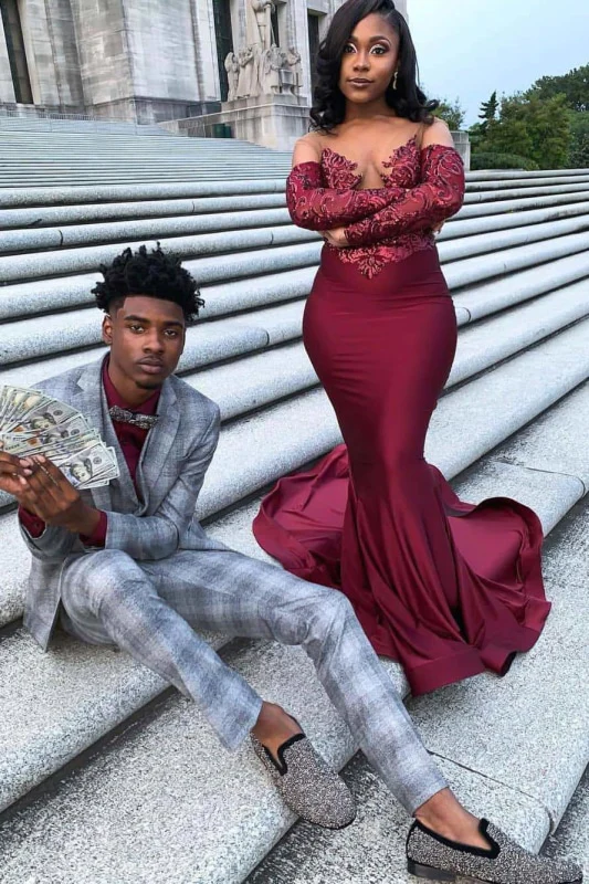 2023 Mermaid Burgundy Long Sleeves Stretchy Long With Appliques Prom Dresses fg3135
