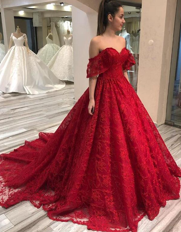 Off The Shoulder Lace Long Prom Dresses Chapel Train Party Dresses fg1653