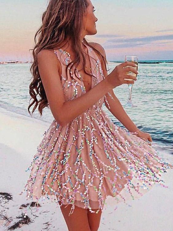 A Line Deep V Neck Champagne Short Homecoming Dresses fg08