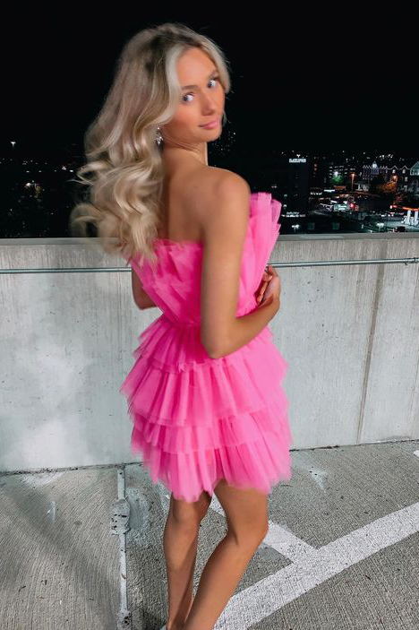 Charming A-Line Hot Pink Short Homecoming Dresses, Strapless Party Dress fg10