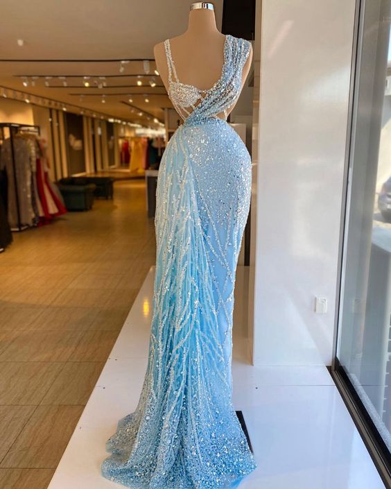 Luxury Sky Blue Evening Dresses Crystals Beaded Sleeveless Mermaid Long Length Tulle Sexy Women Prom Pageant Gowns fg100