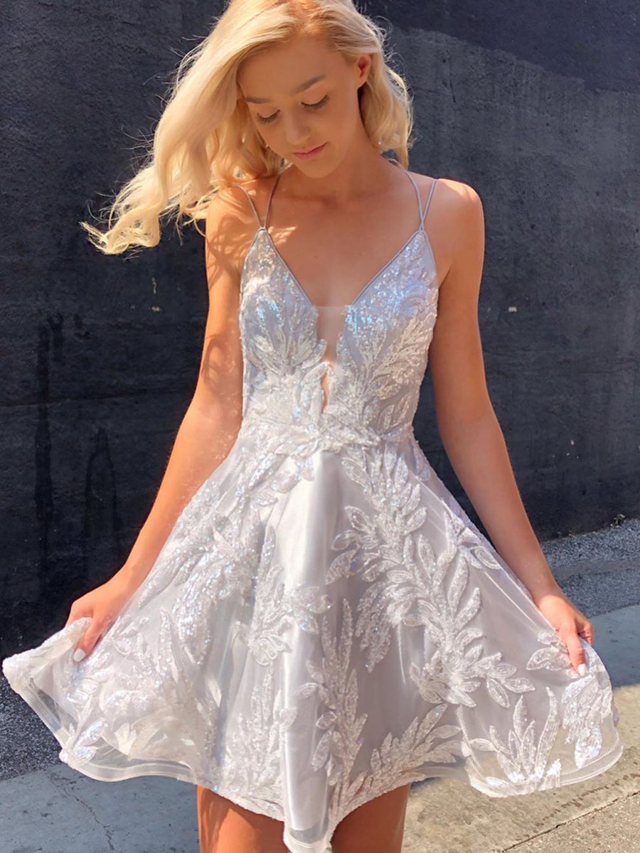 Silver V-Neck Luxury Beaded Satin Short Prom Dress Homecoming Dress fg103