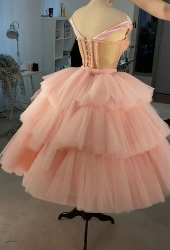 Puffy Straps Tiered Pink Tea Length Prom Dresses, Homecoming Dress With Sequins fg105