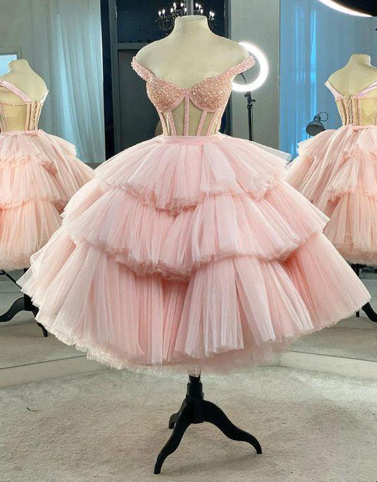 Puffy Straps Tiered Pink Tea Length Prom Dresses, Homecoming Dress With Sequins fg105