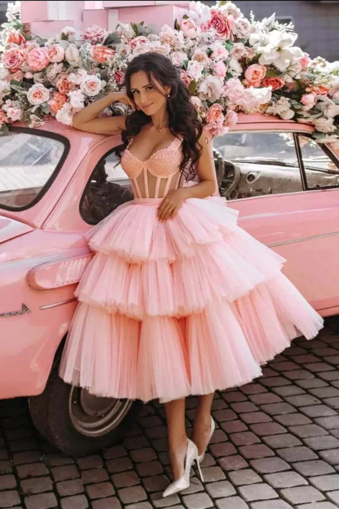 Puffy Straps Tiered Pink Tea Length Prom Dresses, Homecoming Dress With Sequins fg105
