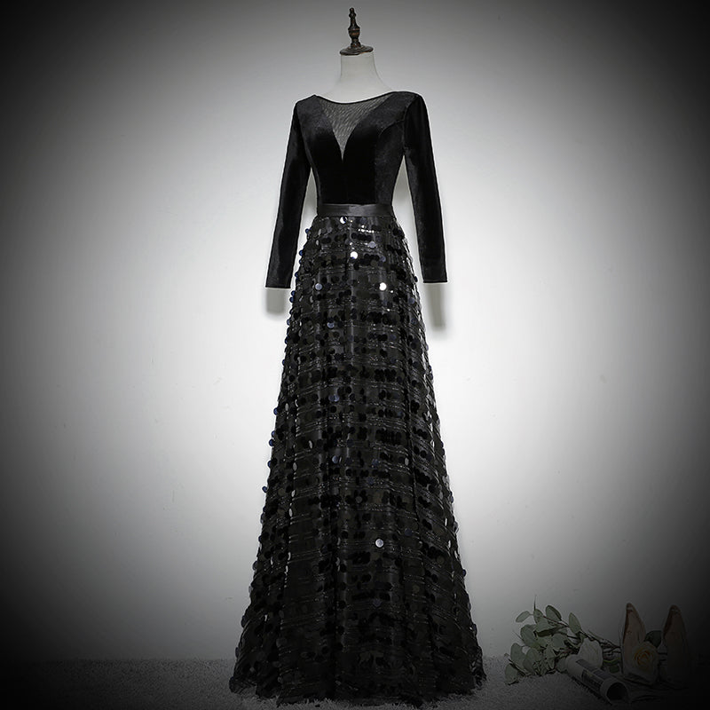 Black evening dress long sleeve birthday party dress prom dress fg134