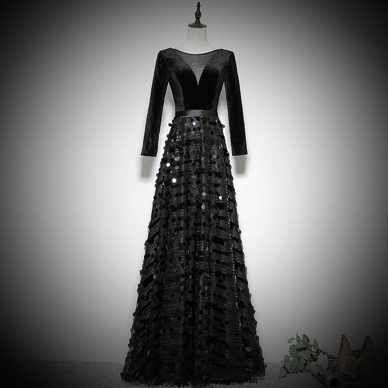 Black evening dress long sleeve birthday party dress prom dress fg134