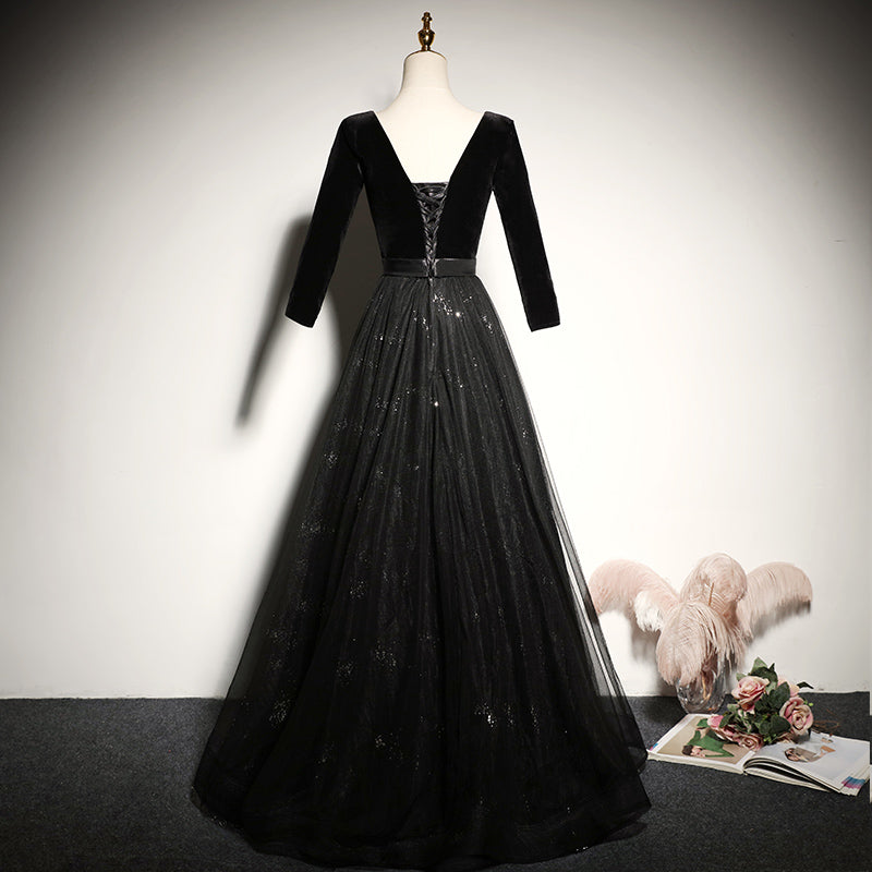 evening dress new black long-sleeved velvet dress party dress prom dress fg139