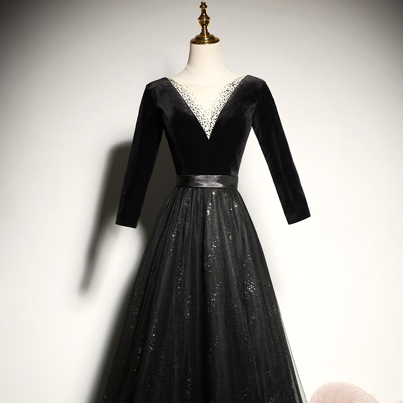 evening dress new black long-sleeved velvet dress party dress prom dress fg139