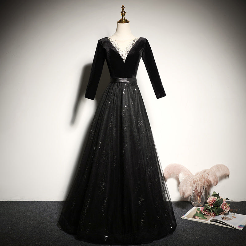 evening dress new black long-sleeved velvet dress party dress prom dress fg139